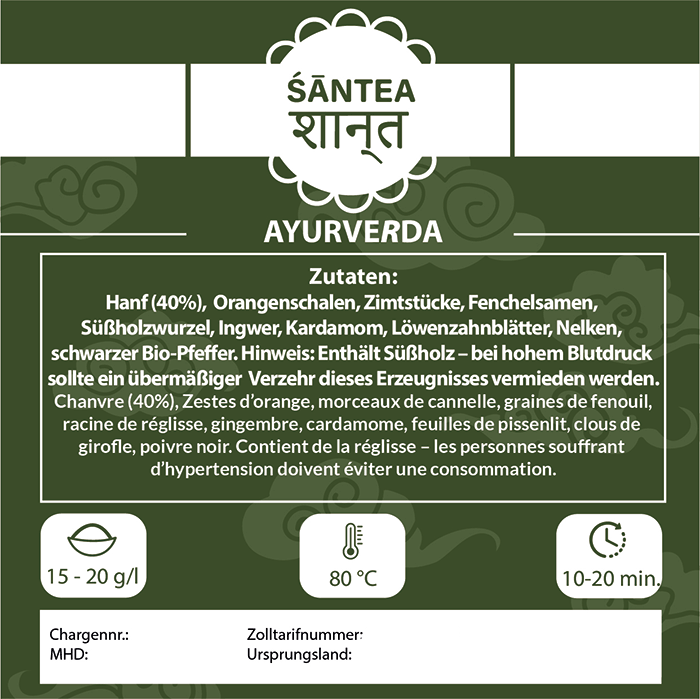 SANTEA AyurveRda Natur Hanfblütentee - 50g natürlicher Hanftee aus Luxemburg mit Ayurveda Kräutern