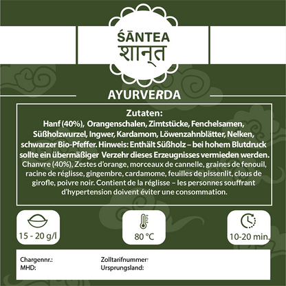 SANTEA AyurveRda Natur Hanfblütentee - 50g natürlicher Hanftee aus Luxemburg mit Ayurveda Kräutern